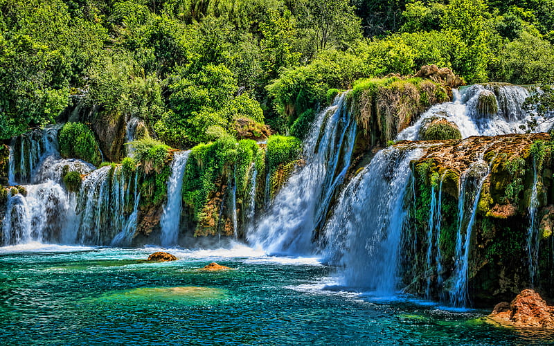 Krka National Park, waterfalls, summer, beautiful nature, Croatia, Europe, R, croatian landmarks, Krka, HD wallpaper