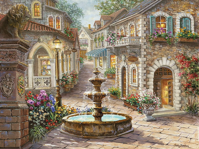 :), art, fountain, pictura, painting, nicky boehme, piazza, HD wallpaper