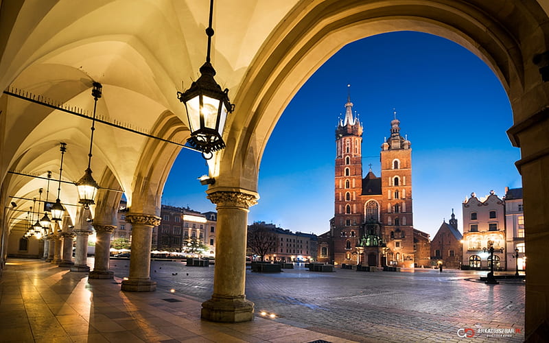 Krakow, Poland, square, Poland, Krakow, church, lights, HD wallpaper