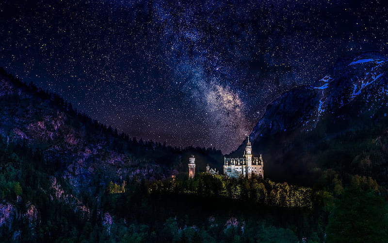 Germany, Neuschwanstein Castle, nightscapes, mountains, starry sky, Bavaria, Alps, german landmarks, Europe, HD wallpaper