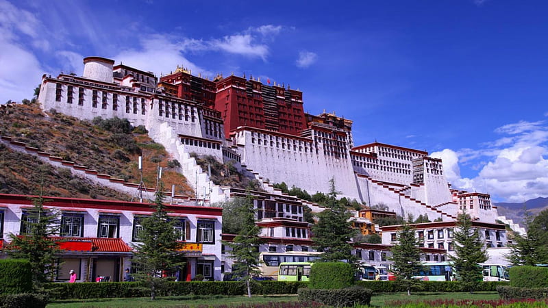 wondrous potala palace in lhasa tibet, visitors, hill, palace, town, HD wallpaper