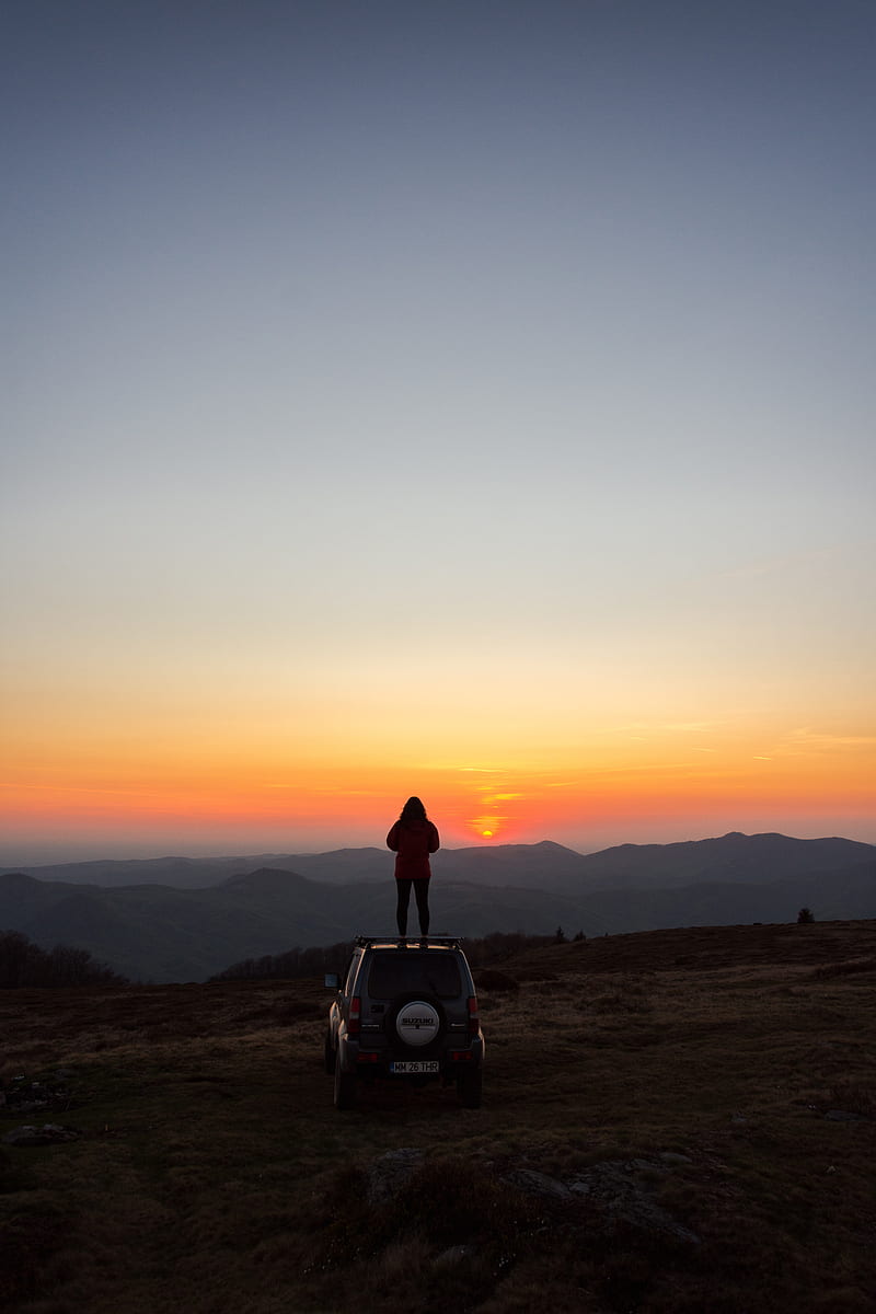 car, person, sunset, mountains, nature, HD phone wallpaper