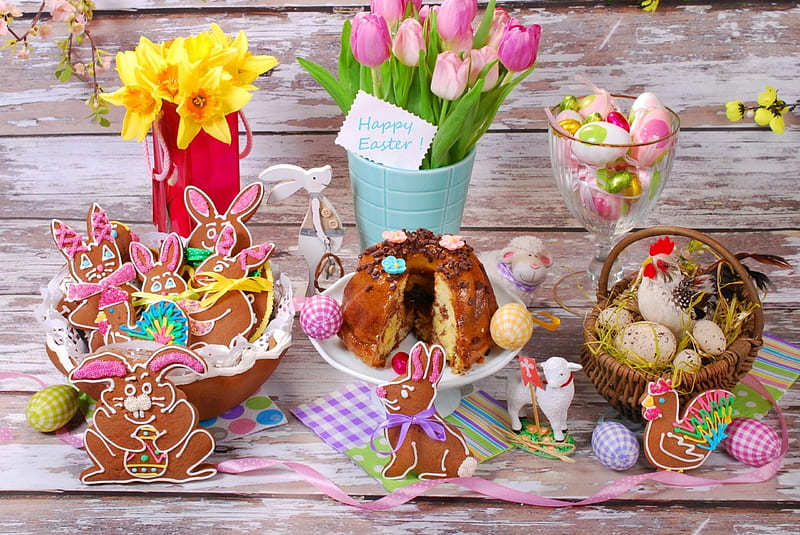 Happy Easter!, cake, egg, deco, flower, easter, wood, card, HD wallpaper