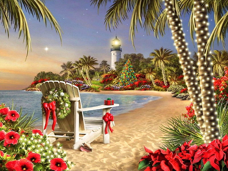Island Holidays, Christmas, holidays, islands, beaches, Christmas Tree, love four seasons, winter, light, xmas and new year, HD wallpaper