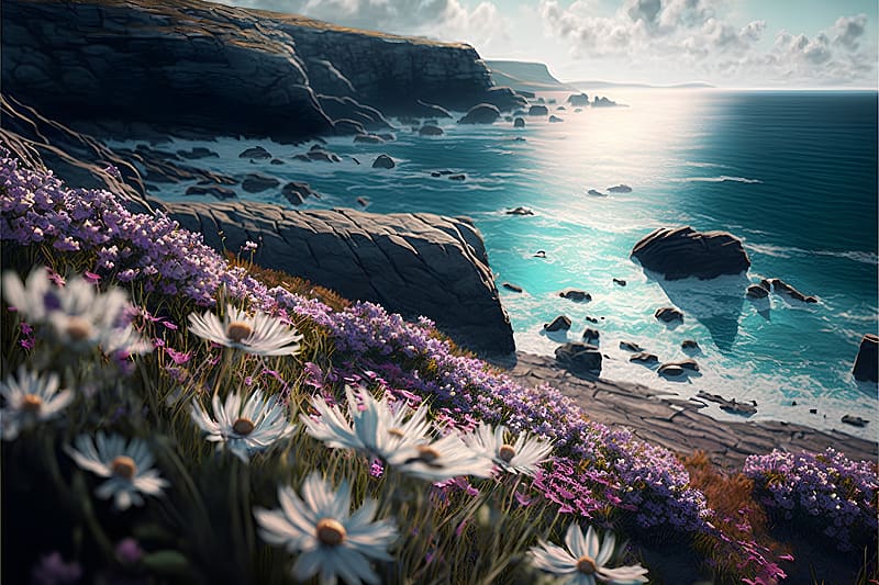 Beautiful seascape with daisies and wildflowers, Outdoor, Sunset ...