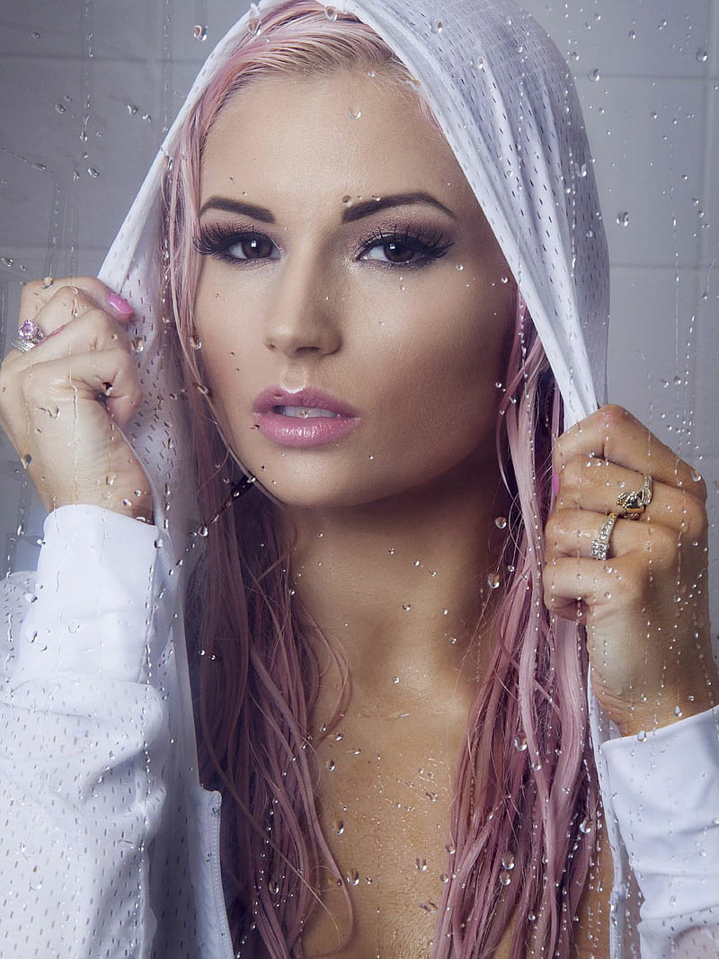 Amy Lee Summers, portrait, pink hair, brown eyes, wet hair, shower, hoods, women, makeup, women indoors, HD phone wallpaper
