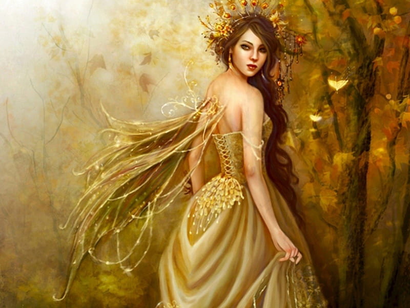 Autumn Fairy, leaves, wings, gold, fairy, HD wallpaper