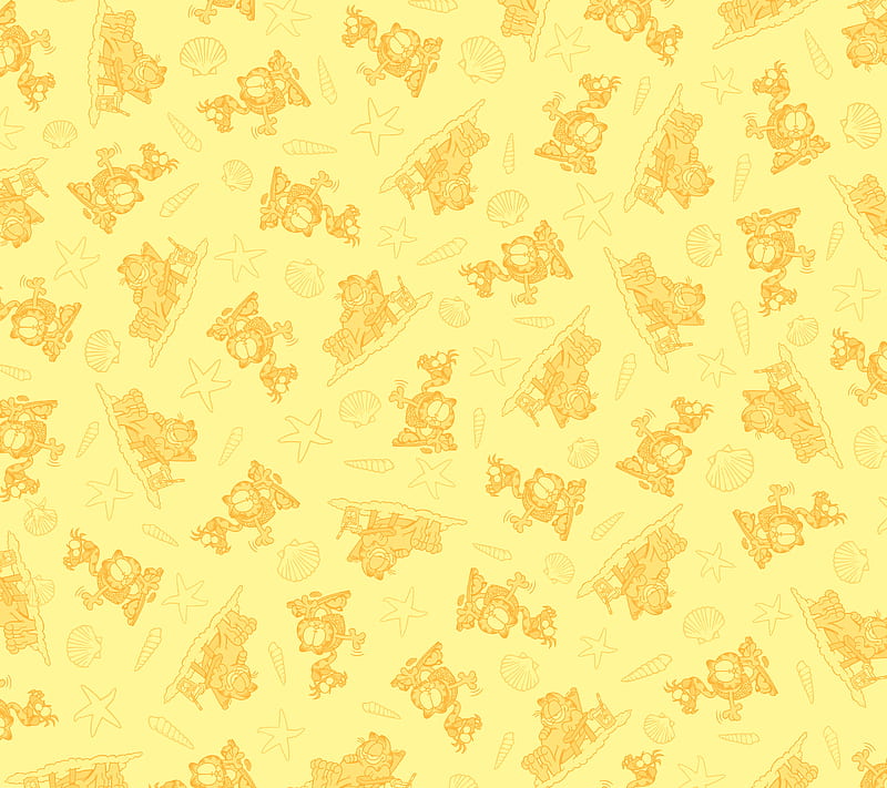 Beachy Yellow, Garfield, animal, beach, bright, bubbles, cat, comics, cool, cute, katt, orange, pastel, pattern, pus, shell, star, HD wallpaper
