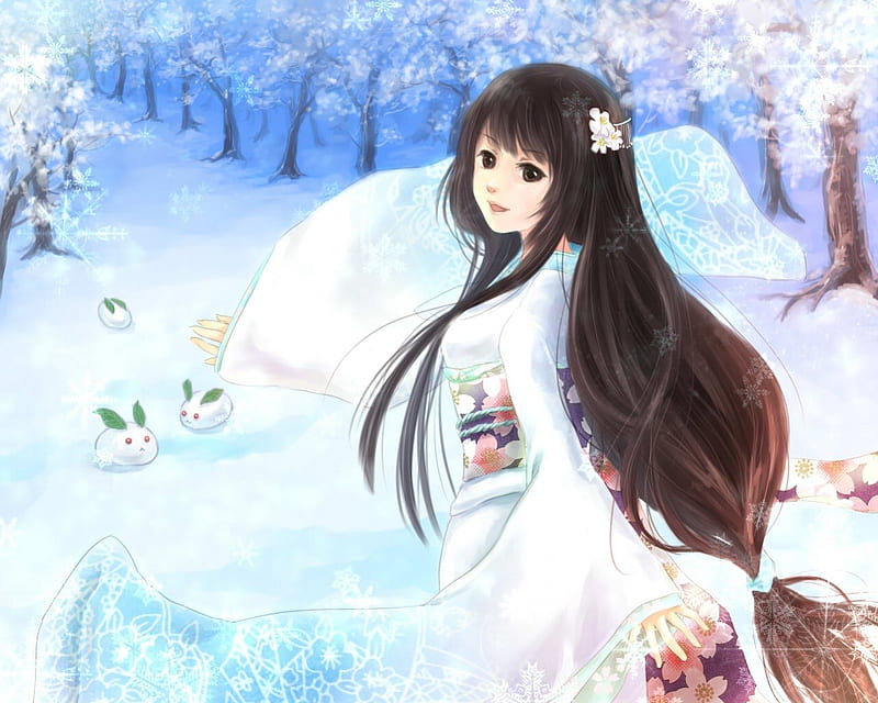 Yuki-Onna, girl, snow, kimono, orginal, long hair, yuki, winter, HD wallpaper