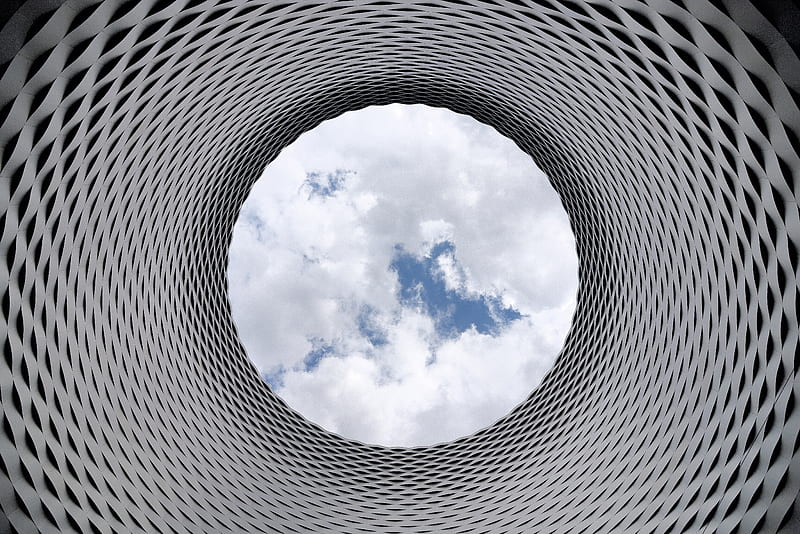 Low-angle graphy of Grey and Black Tunnel Overlooking White Cloudy and Blue Sky, HD wallpaper