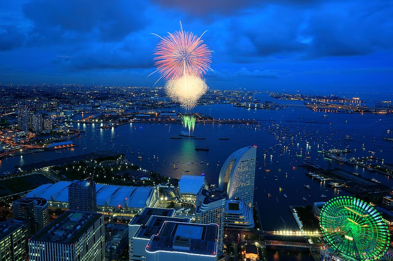 Night, City, Horizon, Light, Ferris Wheel, Japan, Cityscape, Fireworks, , Yokohama, HD wallpaper