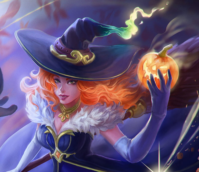 Witch, maria larikova, halloween, face, frumusete, redhead, luminos, orange, fantasy, girl, pumpkin, blue, HD wallpaper