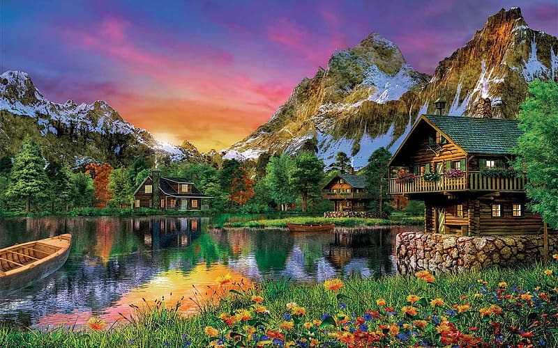 Alpine Lake, boat, artwork, digital, trees, cottage, water, mountains, sunset, flowers, HD wallpaper