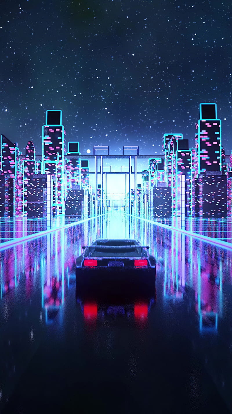 Cyber outrun, city, lights, neon, retrowave, synthwave, vaporwave, HD phone wallpaper