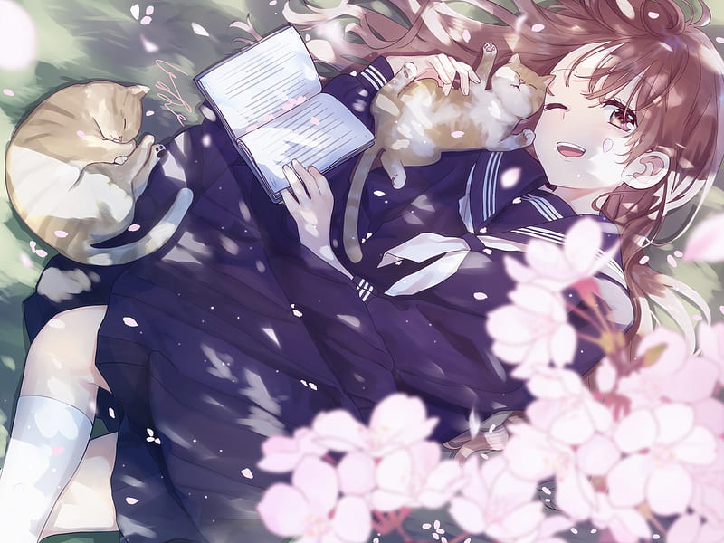 anime school girl, lying down, sakura blossom, brown hair, cat, Anime, HD wallpaper