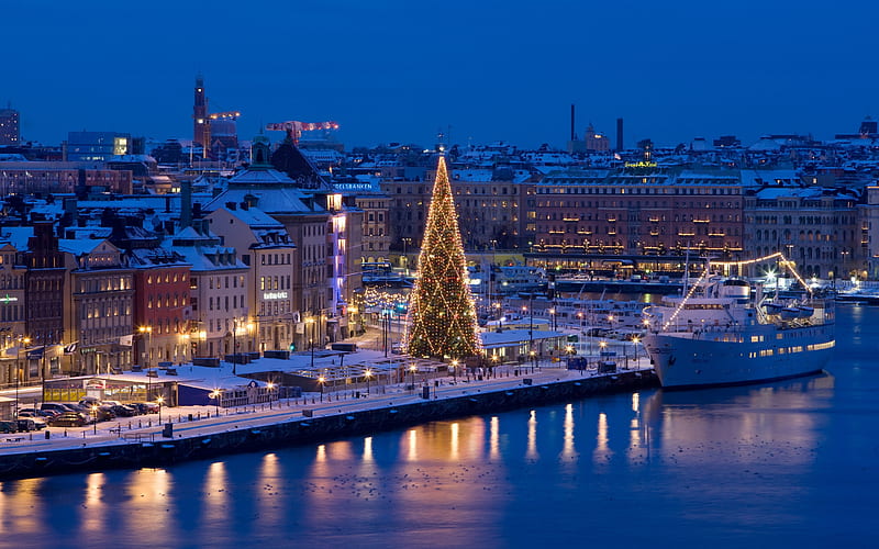 Stockholm, New Year, Christmas tree, embankment, Sweden, HD wallpaper