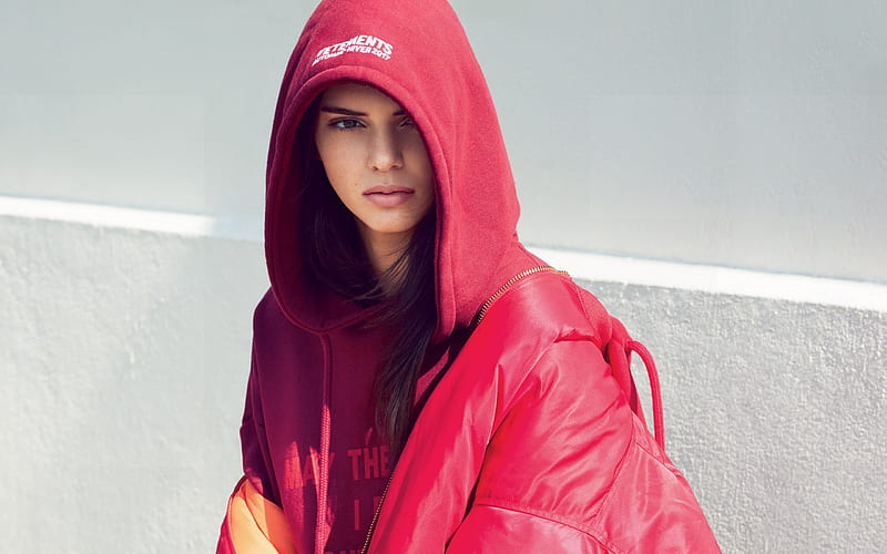 Kendall Jenner, American fashion model, red sports jacket, hoot, HD wallpaper