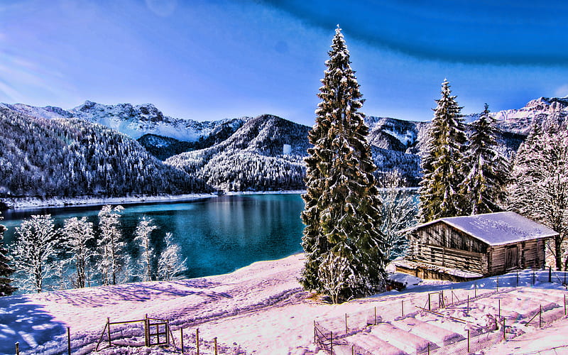 Italian nature, winter, hut, snowdrifts, lake, forest, Italy, Europe, R, HD wallpaper