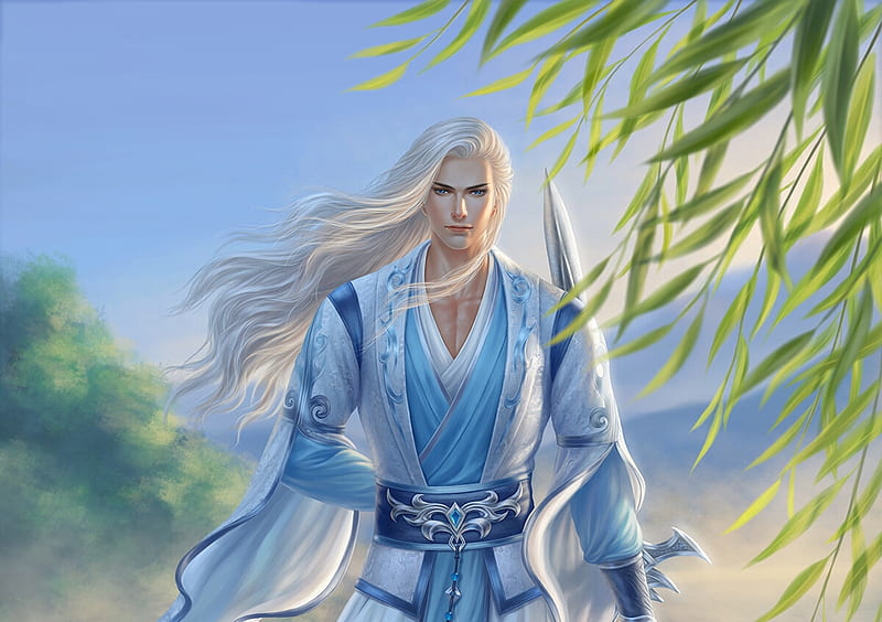 Xiaobai, wind, summer, blue, luminos, man, crystalrain, vara, fantasy, crystalrain272, green, HD wallpaper