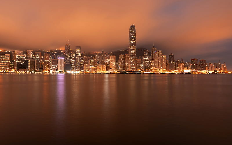 Hong Kong, night, skyscrapers, bay, modern architecture, modern buildings, skyline, China, HD wallpaper