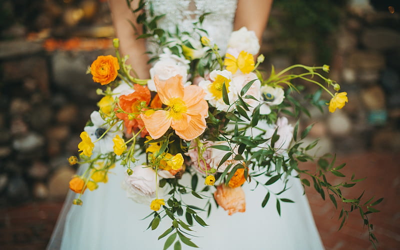 wedding bouquet, wild flowers, bride, bouquet in hands, white wedding dress, HD wallpaper
