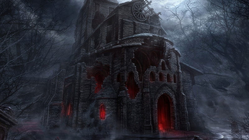 The old castle, red, fantasy, luminos, halloween, black, ruins, castle, HD wallpaper