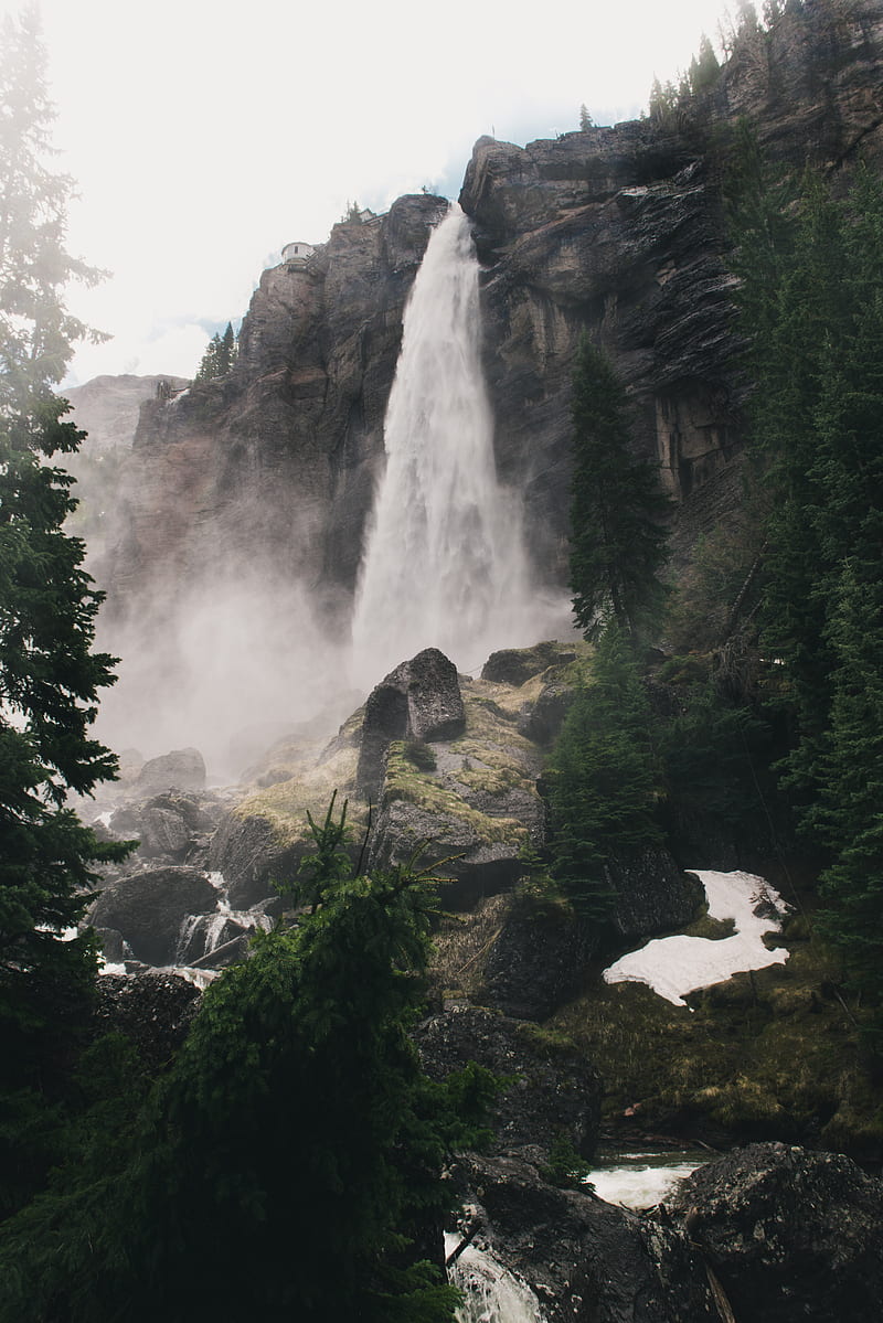 waterfall, fog, trees, stones, landscape, HD phone wallpaper