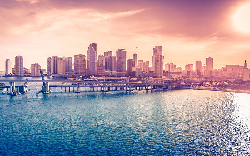 Cities, Miami, Bridge, City, Cityscape, Florida, Skyscraper, USA, Water, HD wallpaper