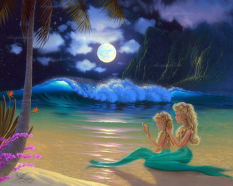 Moon Beach Mermaids, moons, love four seasons, attractions in dreams, waves, sea, fantasy, paintings, paradise, beaches, summer, mermaids, seaside, nature, HD wallpaper