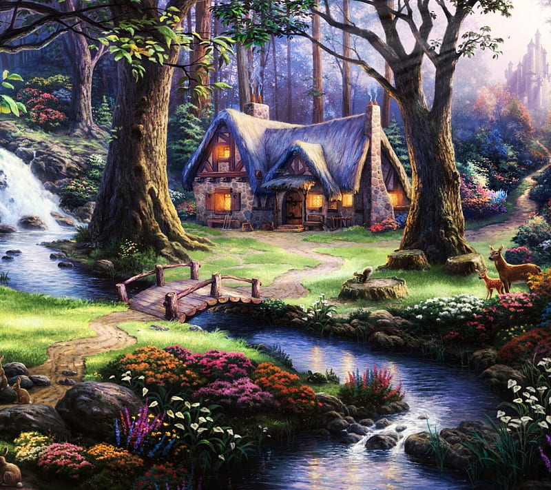Fantasy house, tree, river, house, grass, HD wallpaper | Peakpx