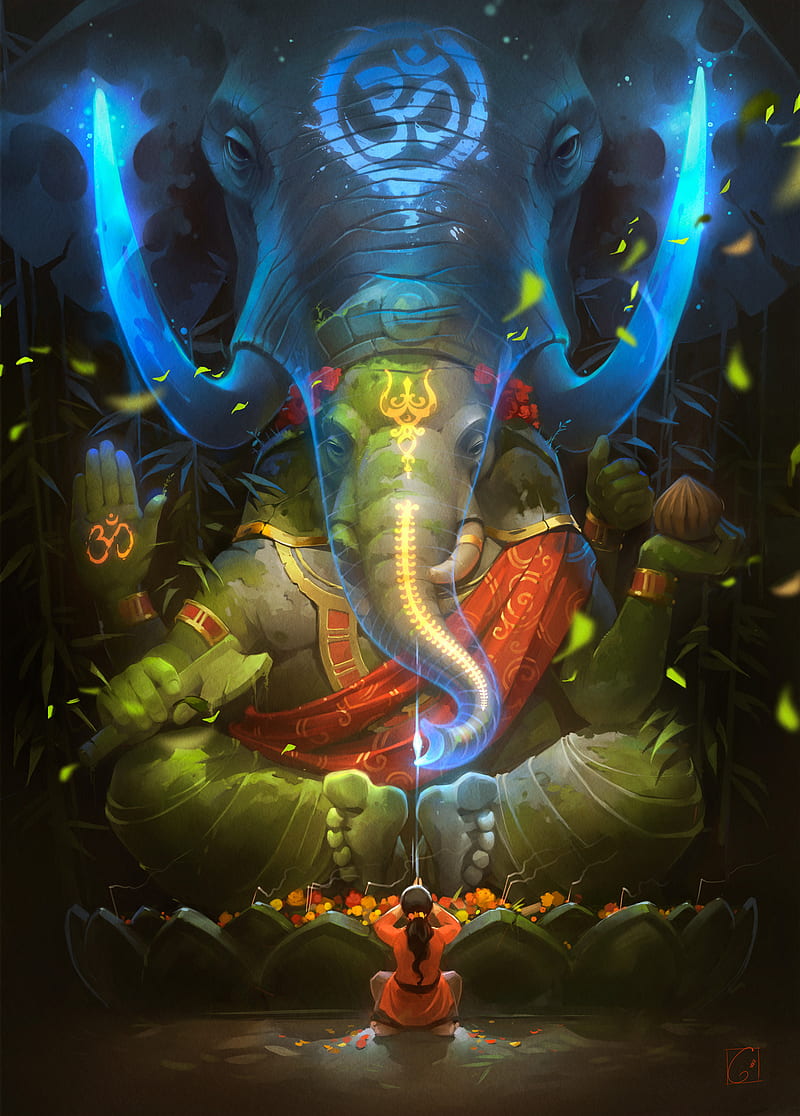 Ganexa, drawing, elephant, god, spirit, woman, HD phone wallpaper