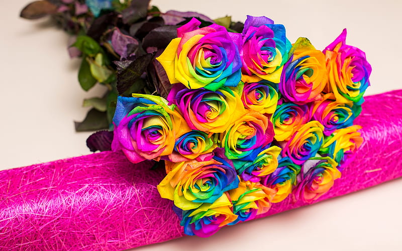 multicolored roses, beautiful flowers, bouquet of roses, colorful buds of roses, HD wallpaper