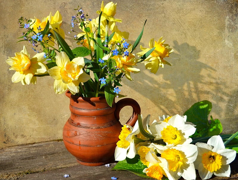 Spring bouquet, bouquet, narcissus, flowers, vase, bonito, spring, HD wallpaper