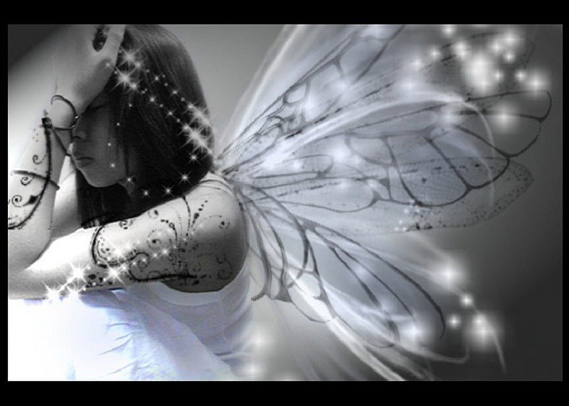 Emo fairy, tattoo, sad, white wings, white dress, fairy, HD wallpaper