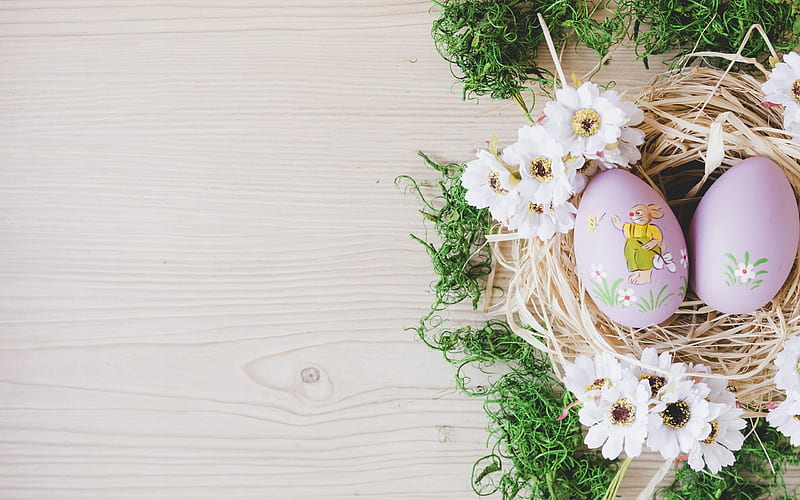 Easter eggs, holiday, spring, pink Easter eggs, nest, basket, HD wallpaper