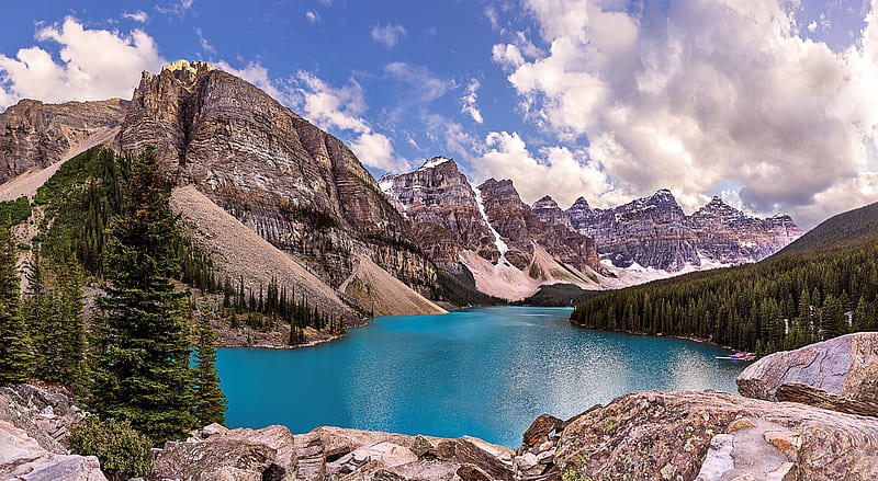 Moraine Lake as seen from the Moraine Lake... Ultra, Nature, Lakes, Landscape, Rock, Mountain, Gorge, Cloud, Stone, Snow, Glacier, Scenic, Canyon, alberta, banff national park, Waterscape, panorama, national park, Wide Angle, Moraine Lake, naturescape, HD wallpaper
