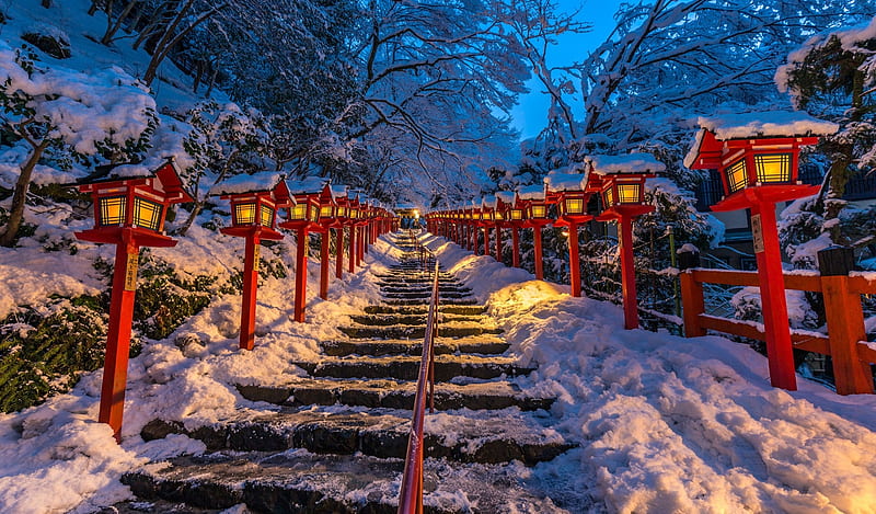 Beauty in Nature, Lights, Stairs, japan, Winter, Kyoto, HD wallpaper