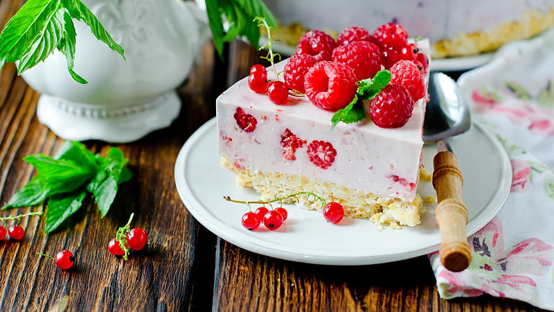 creamy cake, raspberries, dessert, slice, Food, HD wallpaper