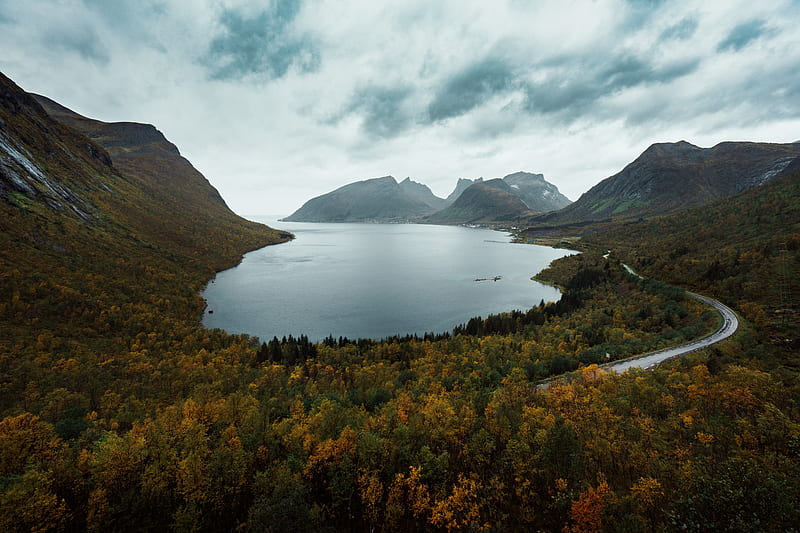 lake, mountains, aerial view, berg, norway, HD wallpaper