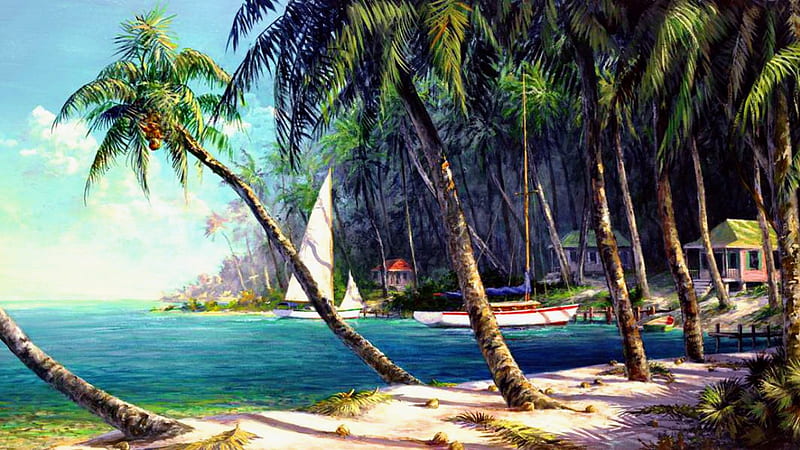 Bali cove, shore, sailing, bonito, sea, beach, lagoon, painting, blue, art, forest, vacation, exotic, ocean, cove, sky, palms, water, paradise, summer, island, sailboat, bay, Bali, HD wallpaper