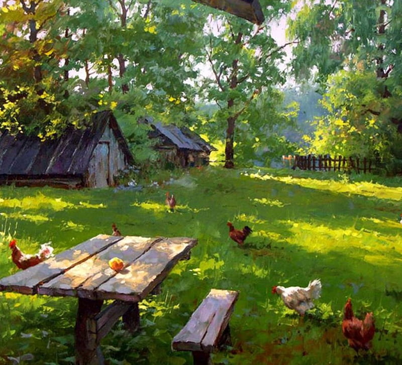Idyllic Countryside, table, forest, hens, painting, bench, stable, sunshine, artwork, HD wallpaper