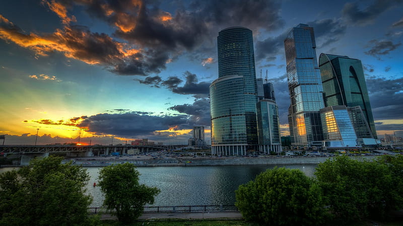 moscow international business center r, modern, city, bridge, buildings, river, r, sunset, HD wallpaper