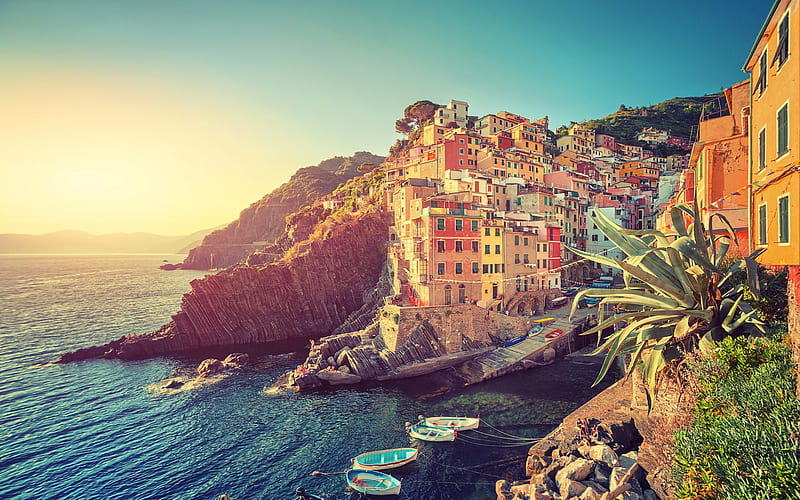 Riomaggiore, Cinque Terre, coast, Italy, beautiful Italian city, mountain landscape, morning, sunrise, Liguria, La Spezia, HD wallpaper