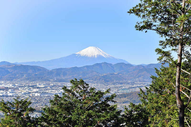 mountain, volcano, city, valley, fuji, japan, HD wallpaper