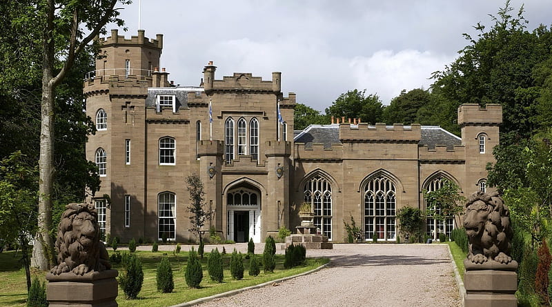 classical castle in scotland, trees, driveway, castle, grass, HD wallpaper