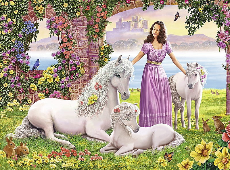 Princess and unicorns, fantasy, luminos, green, girl, unicorn, white, princess, pink, HD wallpaper