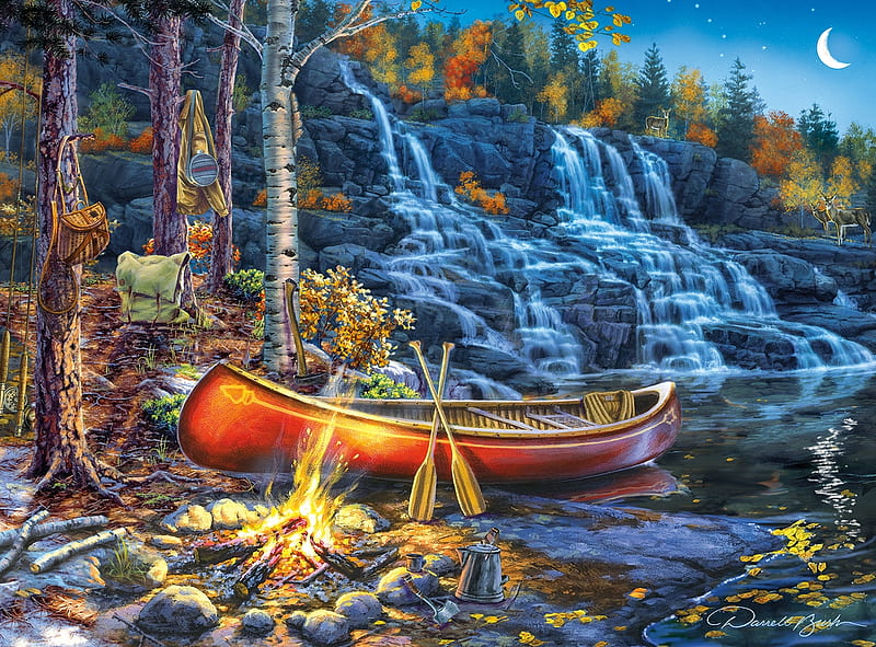 Into the night, camp, fire, waterfall, painting, puzzle, canoe, jigsaw, HD wallpaper