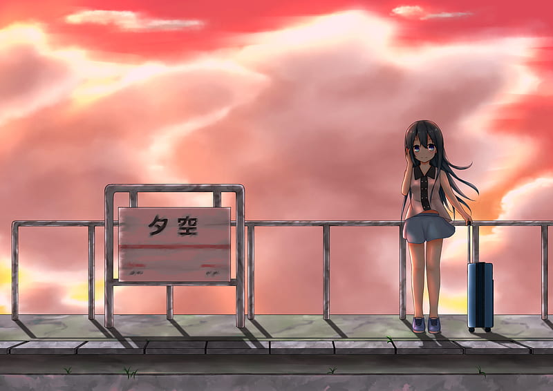 Little Anime Girl Long Hair With Suitcase, anime-girl, anime, artist, artwork, digital-art, HD wallpaper