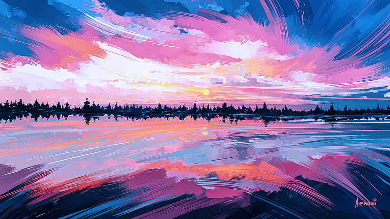 Lake River Reflection Clouds, lake, river, reflection, clouds, artist, artwork, digital-art, artstation, HD wallpaper