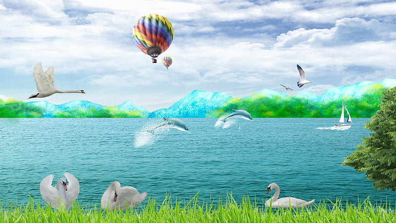 Cloudy Summer Day, grass, sea birds, sky, clouds, swans, sea, balloon, dolphins, summer, sailboat, HD wallpaper